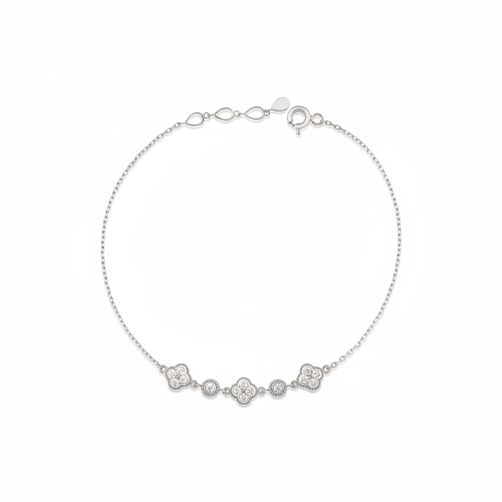 white gold clover and round link station bracelet with White CZ stones on white background