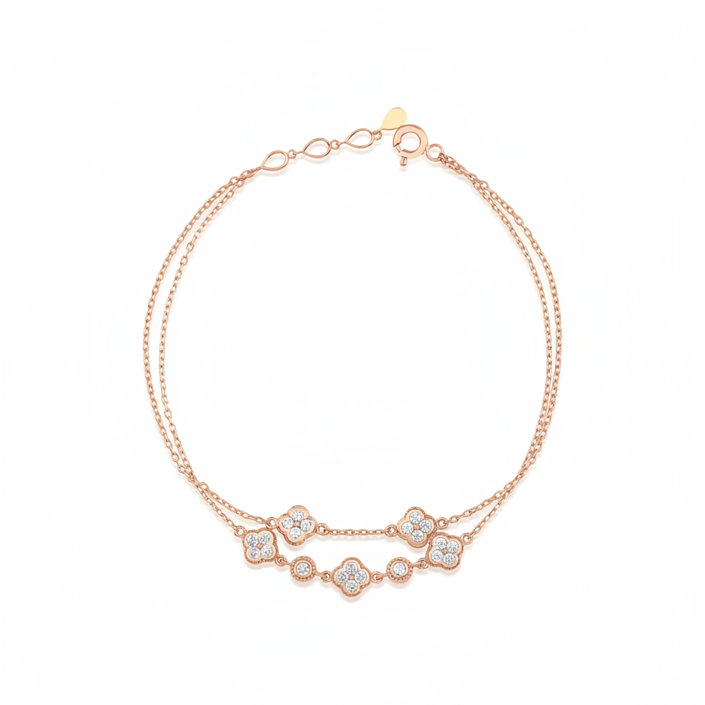 rose gold double-strand clover bracelet with White CZ stones on white background