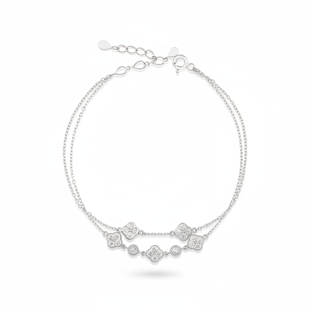 white gold double-strand clover bracelet with White CZ stones on white background