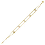 yellow gold beaded double-strand clover bracelet with White CZ stones on white background