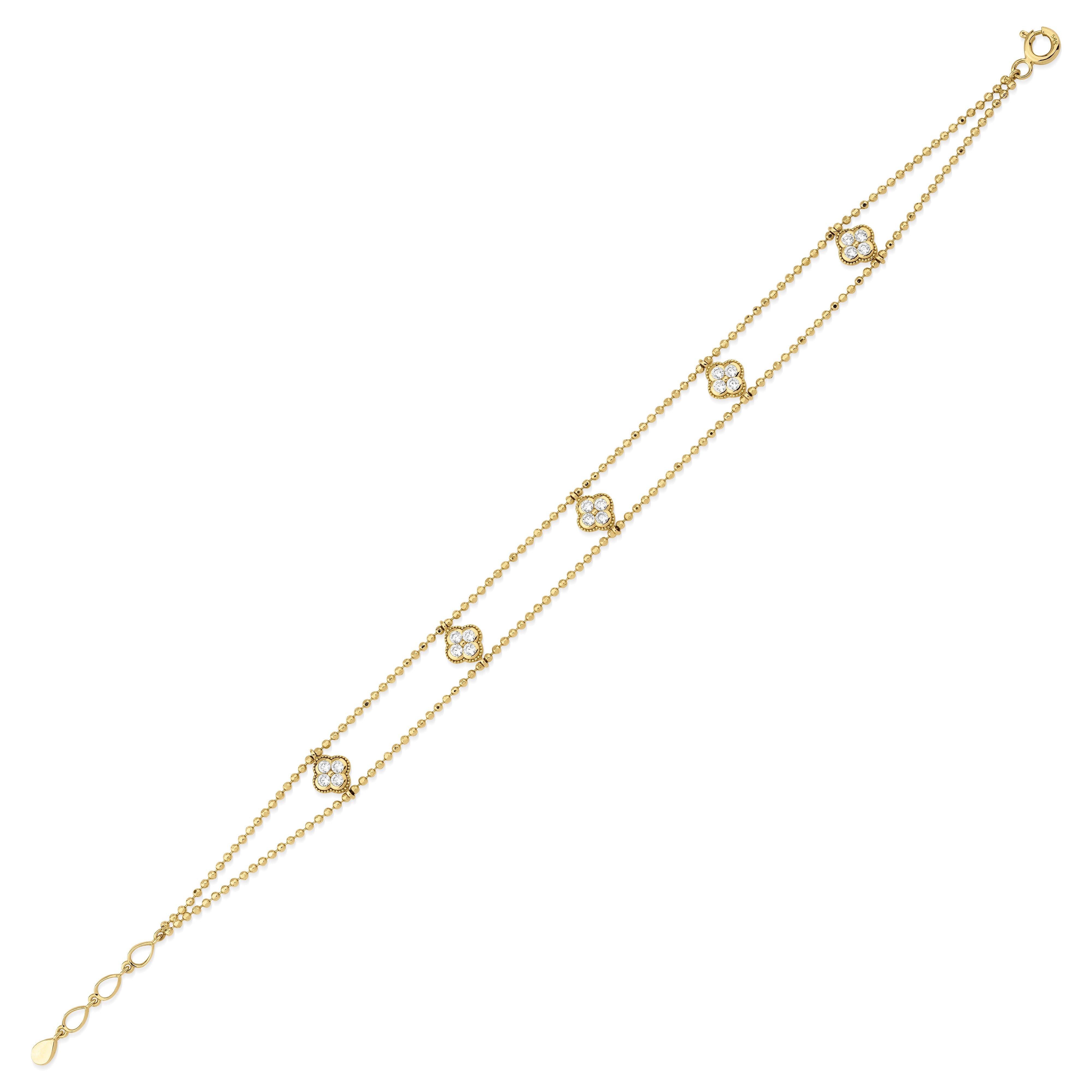 yellow gold beaded double-strand clover bracelet with White CZ stones on white background
