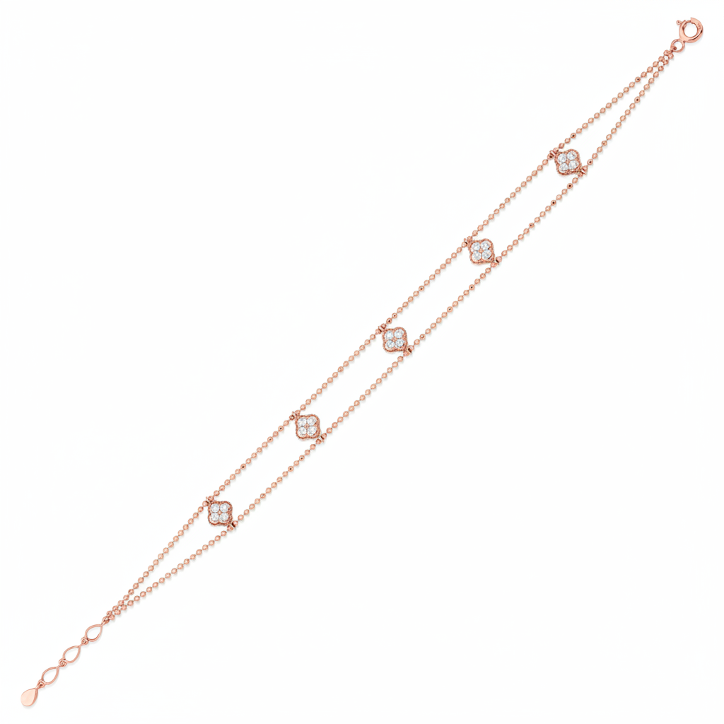 rose gold beaded double-strand clover bracelet with White CZ stones on white background