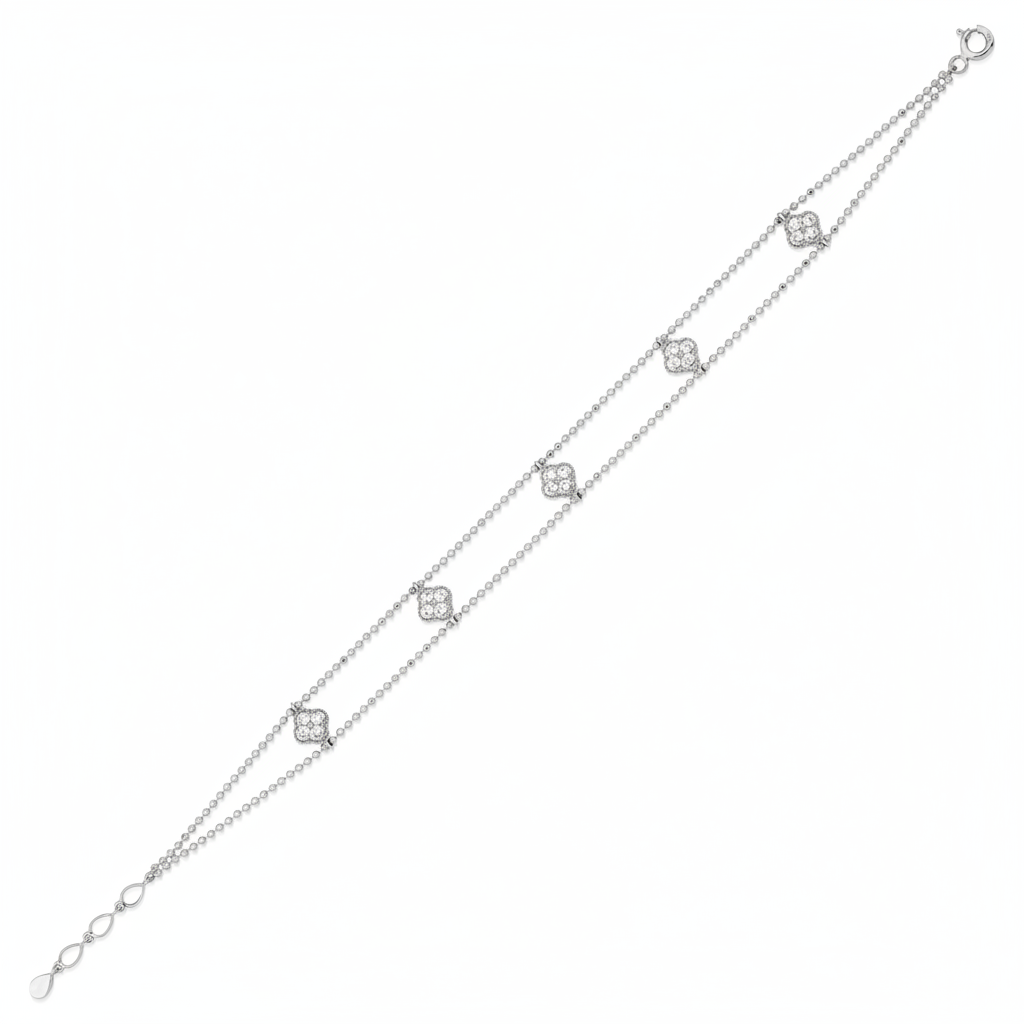 white gold beaded double-strand clover bracelet with White CZ stones on white background