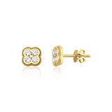 yellow gold clover stud earrings with White CZ stones on white background