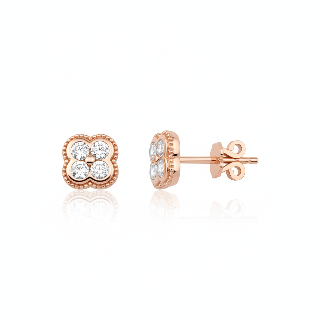 rose gold clover stud earrings with White CZ stones on white background