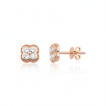 rose gold clover stud earrings with White CZ stones on white background