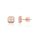 rose gold clover stud earrings with White CZ stones on white background