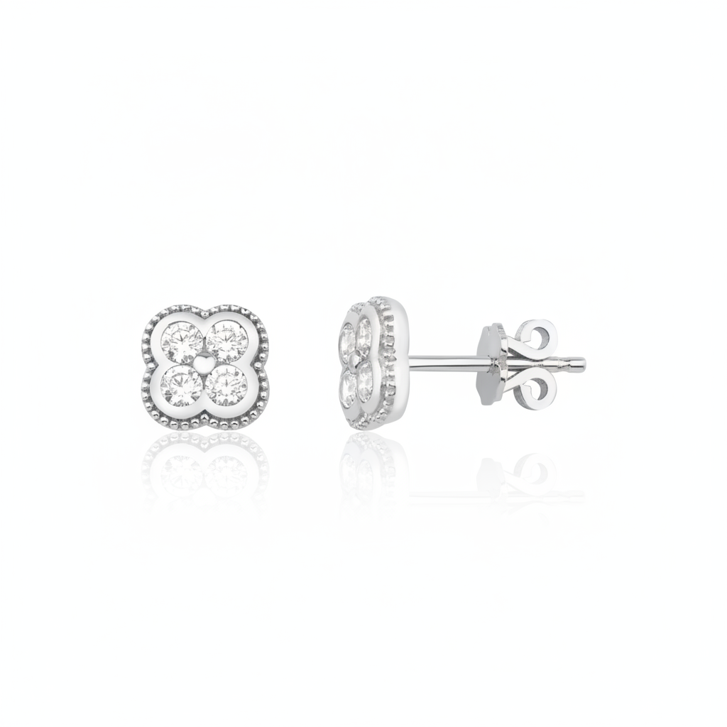 white gold clover stud earrings with White CZ stones on white background