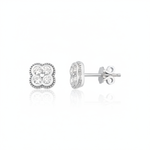white gold clover stud earrings with White CZ stones on white background