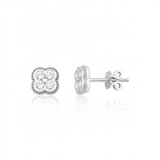 white gold clover stud earrings with White CZ stones on white background