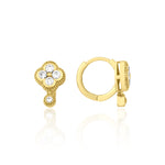 yellow gold clover huggie hoop earrings with White CZ stones on white background