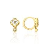 yellow gold clover huggie hoop earrings with White CZ stones on white background