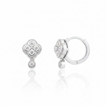 white gold clover huggie hoop earrings with White CZ stones on white background