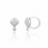 white gold clover huggie hoop earrings with White CZ stones on white background