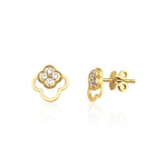 yellow gold open clover stud earrings with White CZ stones on white background