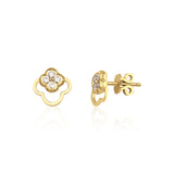 yellow gold open clover stud earrings with White CZ stones on white background