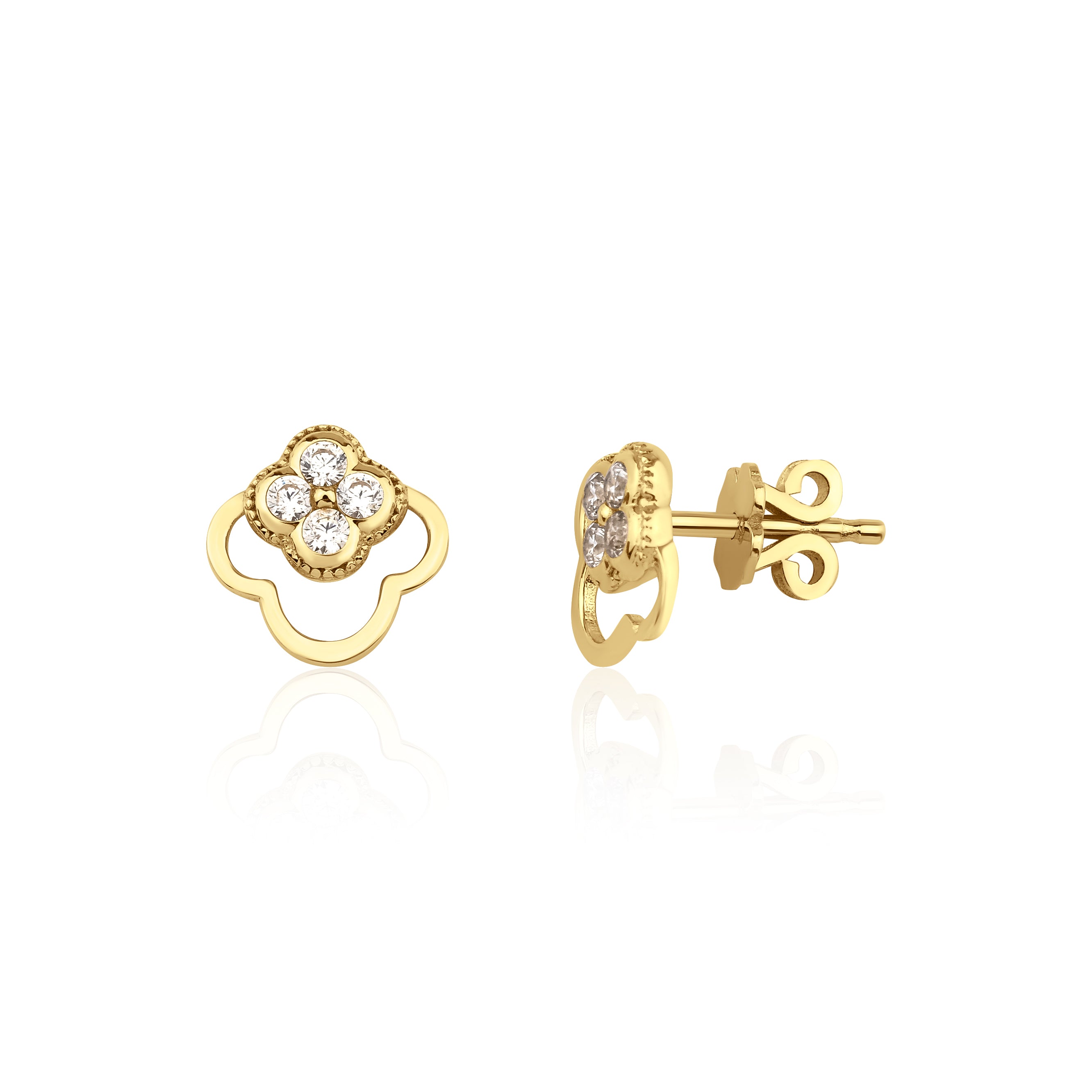 yellow gold open clover stud earrings with White CZ stones on white background