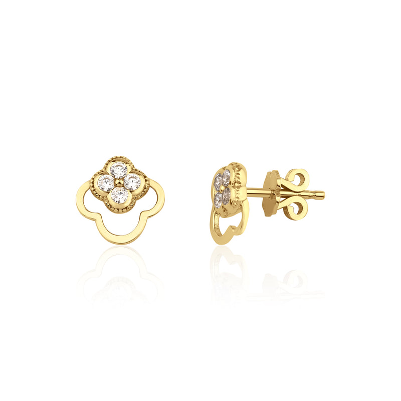 yellow gold open clover stud earrings with White CZ stones on white background