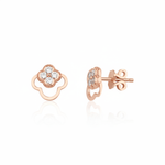 rose gold open clover stud earrings with White CZ stones on white background