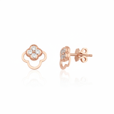 rose gold open clover stud earrings with White CZ stones on white background
