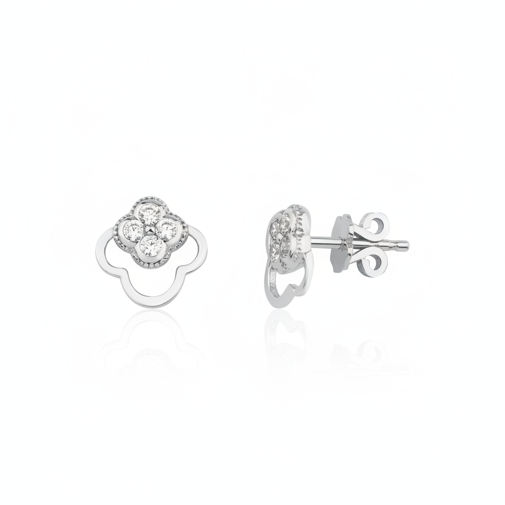 white gold open clover stud earrings with White CZ stones on white background