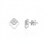 white gold open clover stud earrings with White CZ stones on white background