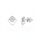 white gold open clover stud earrings with White CZ stones on white background