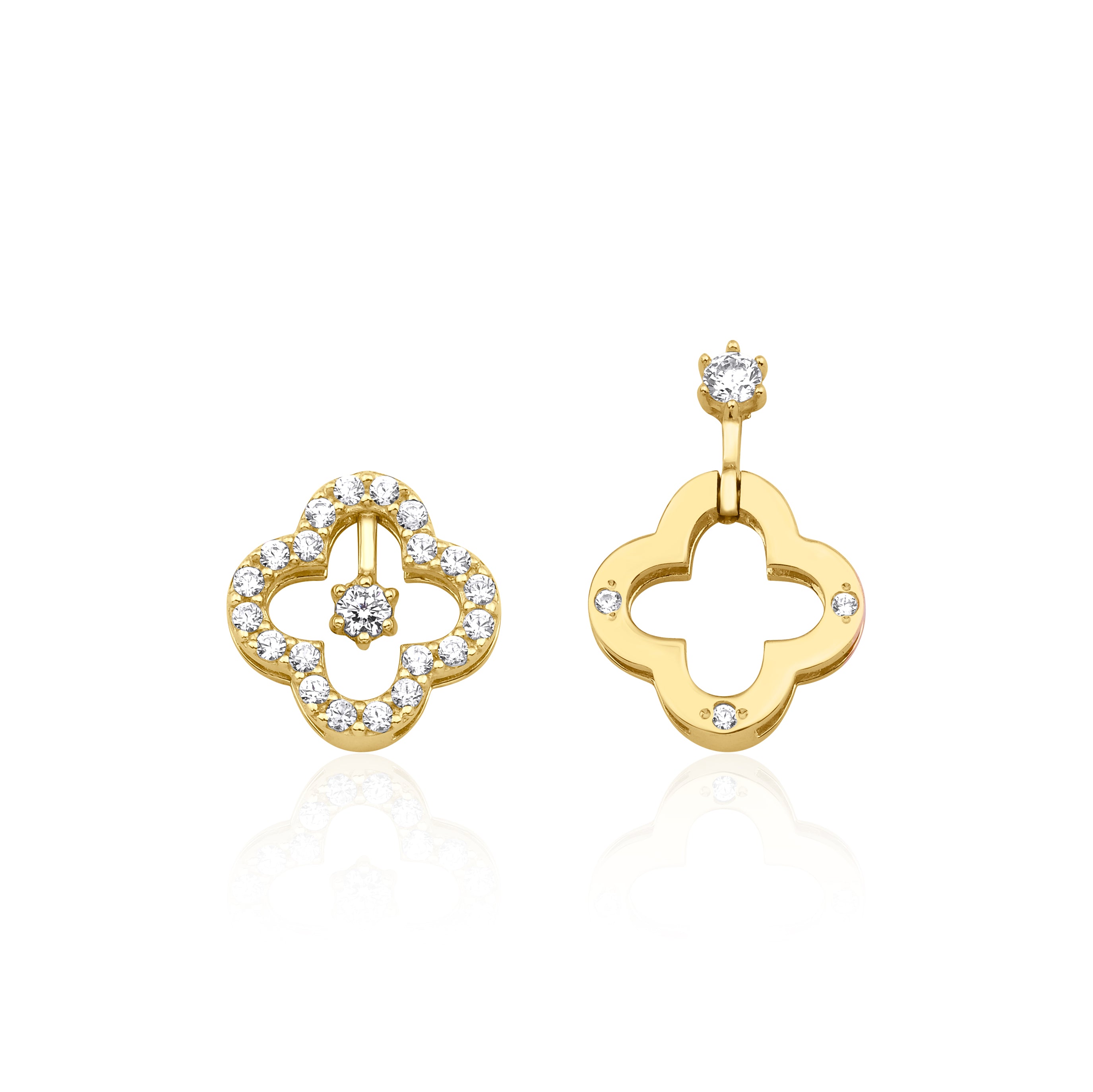 yellow gold asymmetric clover earrings on white background