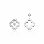 white gold asymmetric clover earrings on white background