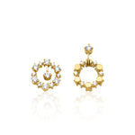yellow gold asymmetric halo earrings with White CZ stones on white background