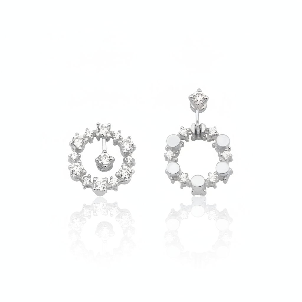 white gold asymmetric halo earrings with White CZ stones on white background