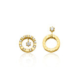 Yellow gold asymmetric circle earrings with White CZ stones on white background
