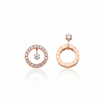 Rose gold asymmetric circle earrings with White CZ stones on white background