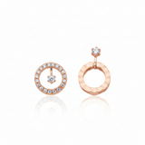 Rose gold asymmetric circle earrings with White CZ stones on white background