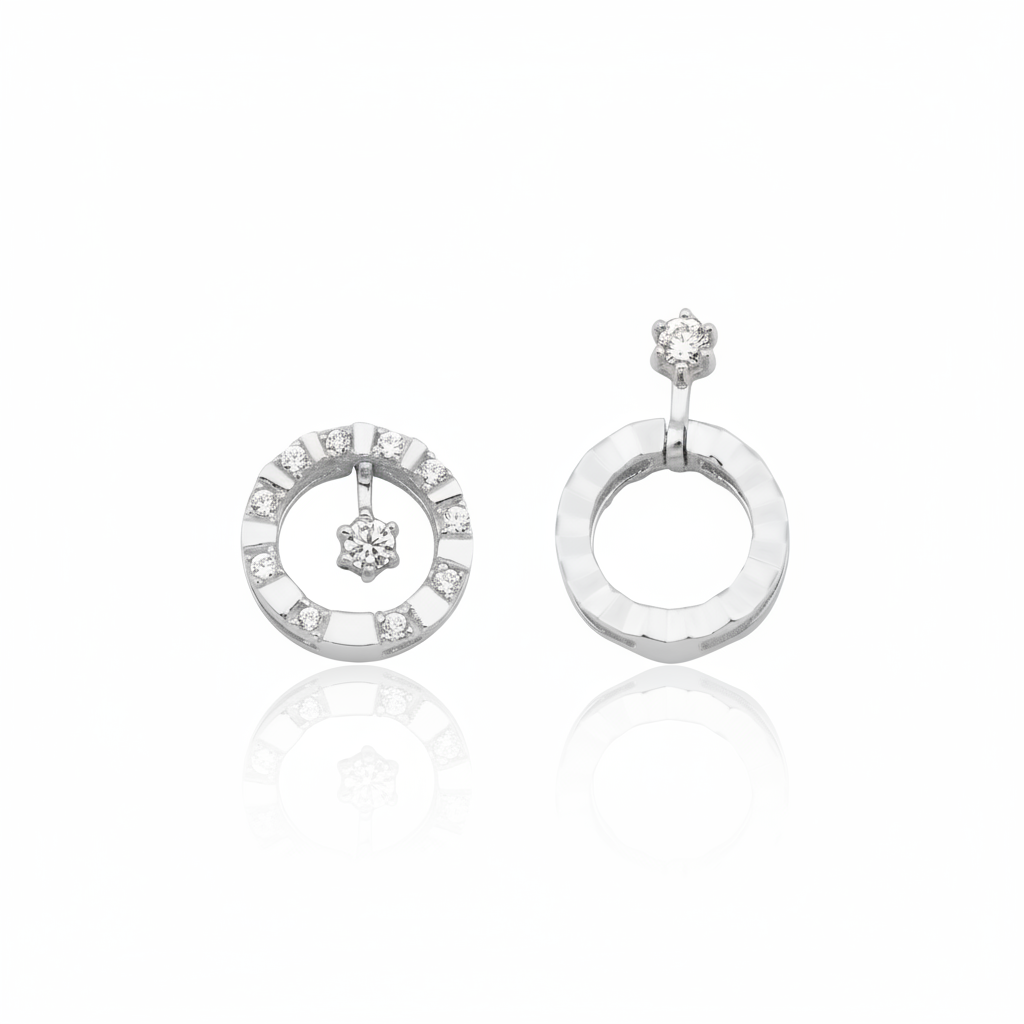 White gold asymmetric circle earrings with White CZ stones on white background