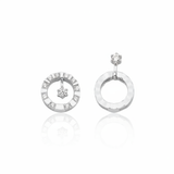 White gold asymmetric circle earrings with White CZ stones on white background
