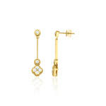 Yellow gold quatrefoil drop earrings with White CZ stones on white background