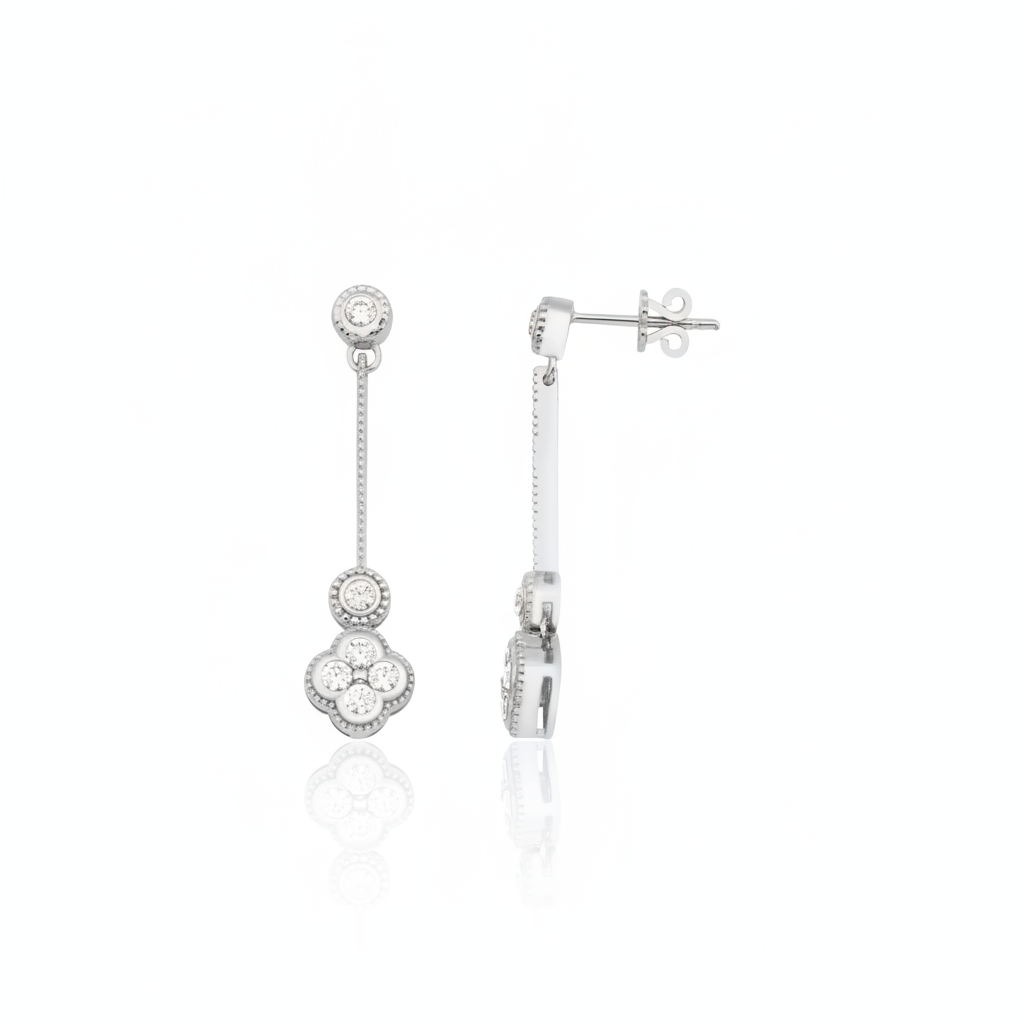 White gold quatrefoil drop earrings with White CZ stones on white background