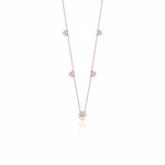 Rose gold clover outline necklace with White CZ stones on white background