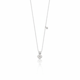 White gold clover charm necklace with a bezel-set accent stone on white background
