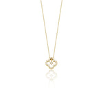 Yellow gold open clover silhouette necklace with White CZ stones on white background