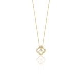 Yellow gold open clover silhouette necklace with White CZ stones on white background