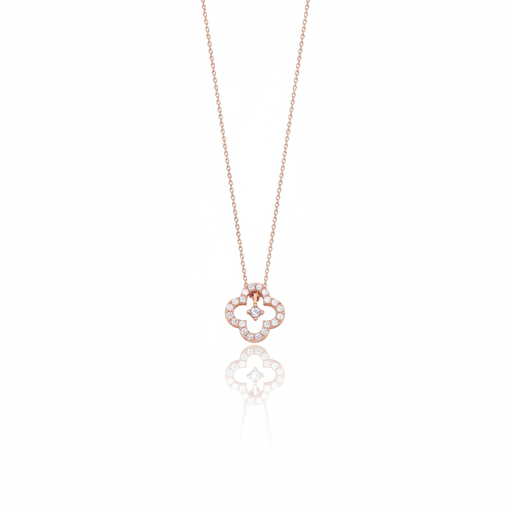 Rose gold open clover silhouette necklace with White CZ stones on white background