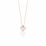 Rose gold open clover silhouette necklace with White CZ stones on white background