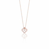 Rose gold open clover silhouette necklace with White CZ stones on white background