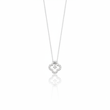 White gold open clover silhouette necklace with White CZ stones on white background
