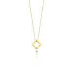 yellow gold clover silhouette necklace, reverse side with a polished gold face, on white background