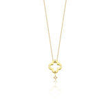 yellow gold clover silhouette necklace, reverse side with a polished gold face, on white background