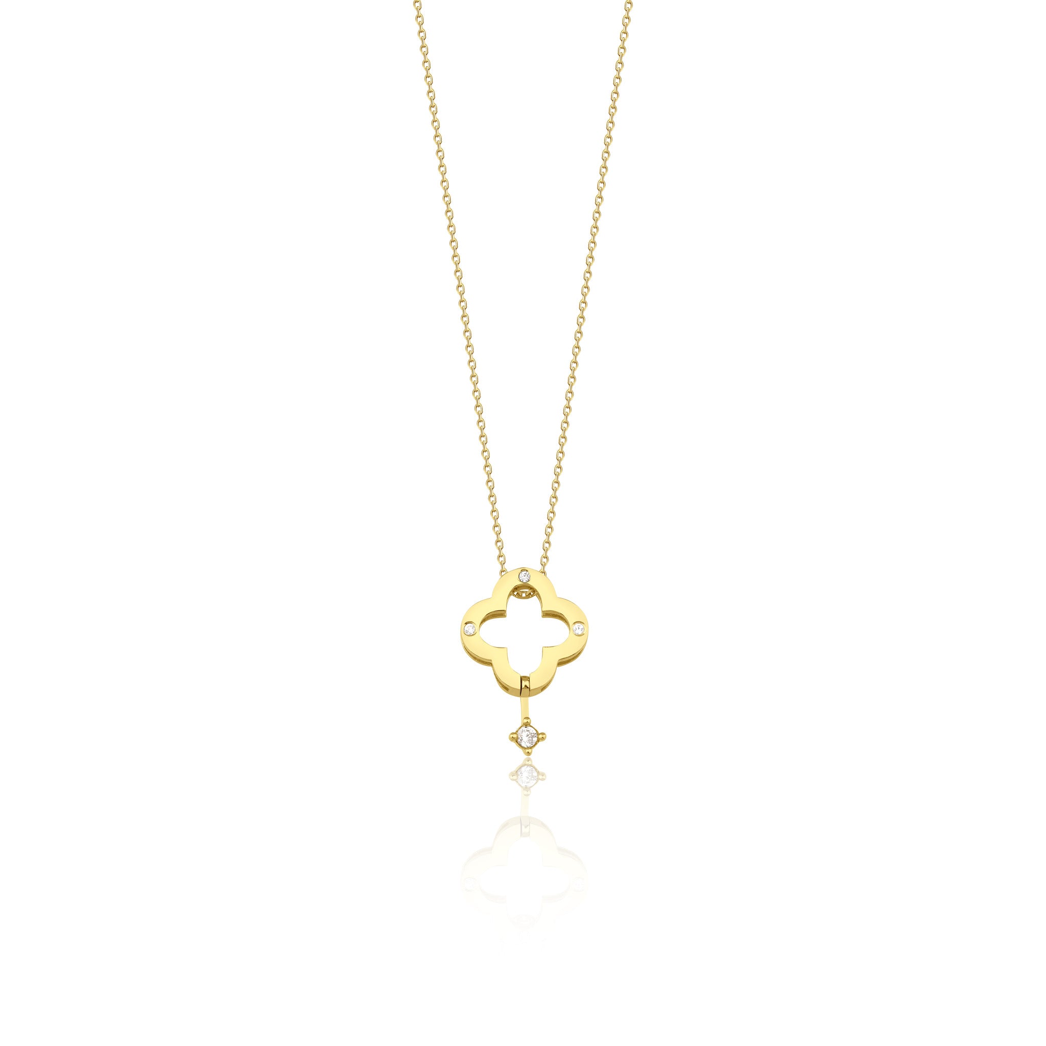 yellow gold clover silhouette necklace, reverse side with a polished gold face, on white background