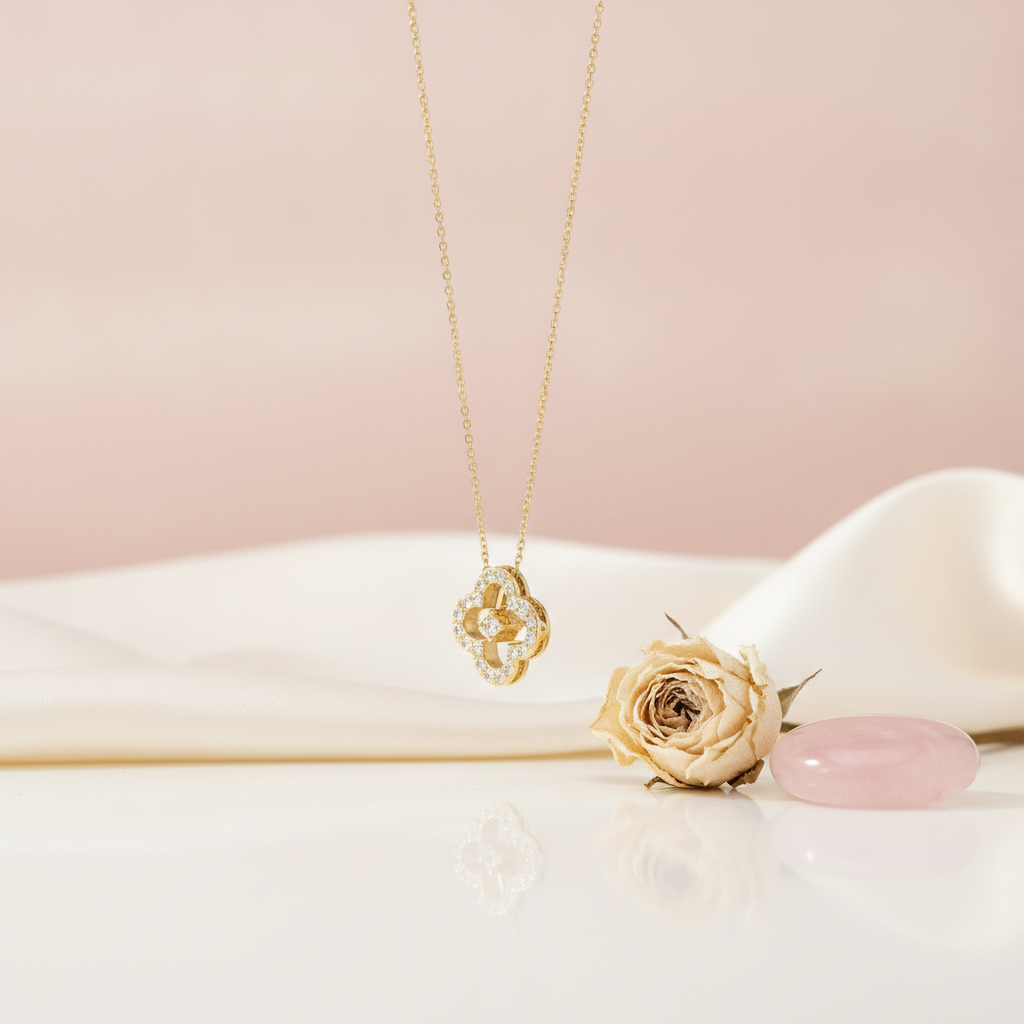 Gold open clover pendant necklace with a suspended center stone on a pink background with a dried rose